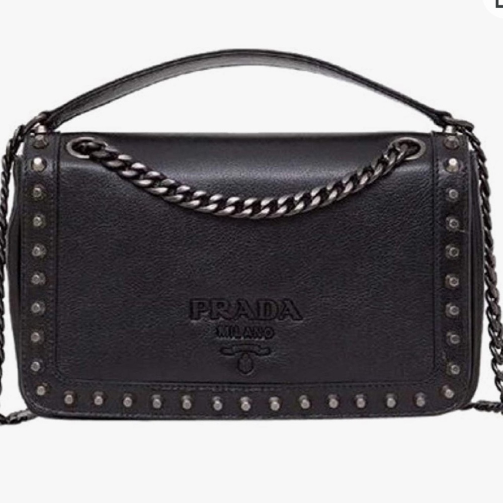 Authentic Prada Pattina Glace Calf Leather Nero Black Pattina Studded Bag
